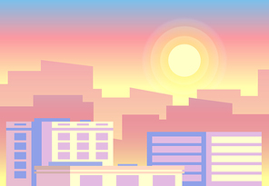 Day time view. Early morning sunrise city landscape. Daytime sun cycle countryside sky horizon noon summer scene for game app. Flat colorful vector concept background