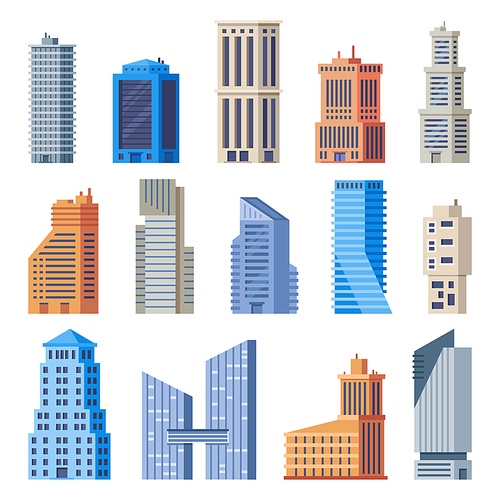 City office buildings. Glass building, modern urban offices exterior and town tall houses. Business apartment construction, cityscape architecture isolated vector icons set