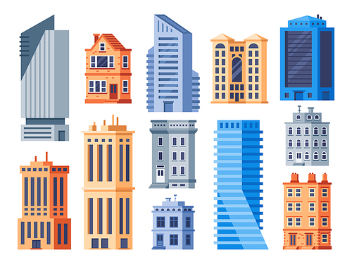 City buildings. Urban office exterior, living house building and apartment house. Municipal office, theater and cottage. Smart city buildings, future cityscape flat isolated vector icons set