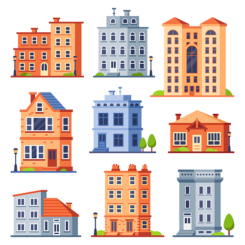 Living house buildings. Cottage houses exterior, condominium apartment building and modern cottages exteriors. Town cottage residential houses modern flat vector isolated icons set