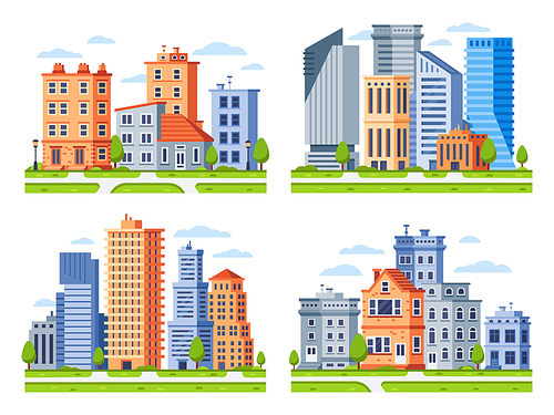 Real estate buildings. City houses cityscape, town apartment house building and urban residential district. Realtor selling future intelligent property houses. Vector illustration isolated icons set