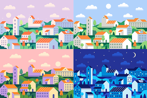 Minimal style town. Geometric minimalist city, daytime cityscape and night townscape. Geometrical residential houses, town building or house district. Flat vector illustration set