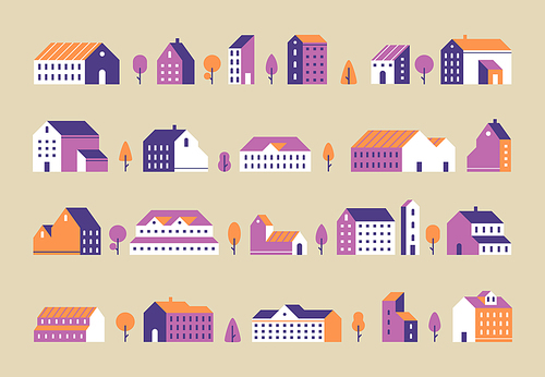 Minimalism town buildings. Geometric minimal residential houses, city building and urban house. Geometrical modern simple district eco solar buildings. Flat vector isolated icons set