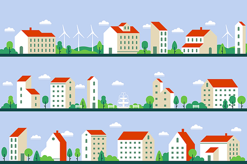 Minimal city panorama. Townhouses buildings, townscape and cityscape building geometric style. Minimalism house hills landscape, realty town houses flat vector illustration set