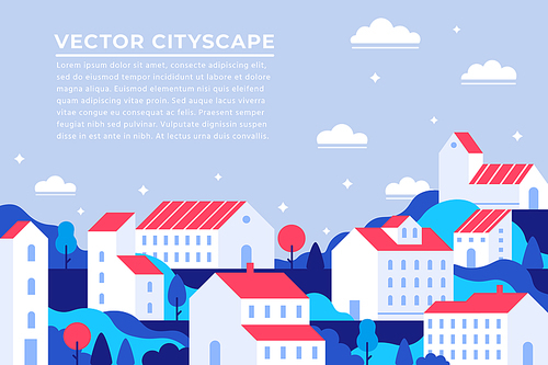 City buildings landing page. Town apartment banner, building apartments cityscape and modern townscape panorama. Urban architecture, smart apartment rent homepage vector illustration