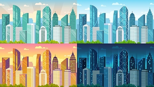 Day time cityscape. City buildings at morning, day, sunset and night town view cartoon vector background illustration set. Bundle of urban landscapes at dawn or in evening with megalopolis exterior.