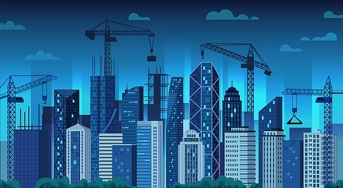 Urban development. Night construction cranes, modern city building and cityscape cartoon vector illustration. Evening view of megalopolis street with skyscrapers. Real estate in residential area.