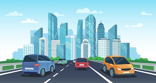 Cars on highway to town. City road perspective view, urban landscape with cars and car travel vector cartoon illustration. Automobiles riding towards megalopolis with skyscrapers and modern buildings.