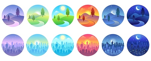 Day time landscape. Dawn, morning city, sunny day, evening sunset, twilight field, night cityscape round vector icon set. Collection of circular natural and urban sceneries in modern flat style.