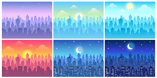 Day time cityscape. Change of time of day, morning town and night city skyline vector illustration set. Bundle of urban landscapes in flat style with downtown buildings, sun or crescent moon in sky.