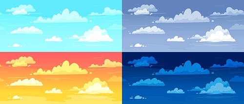 Cartoon cloudy skies in different parts of day background illustration set. Morning, evening and night landscape with gradient sky. Colorful dar and light heaven in summer, winter, autumn and spring