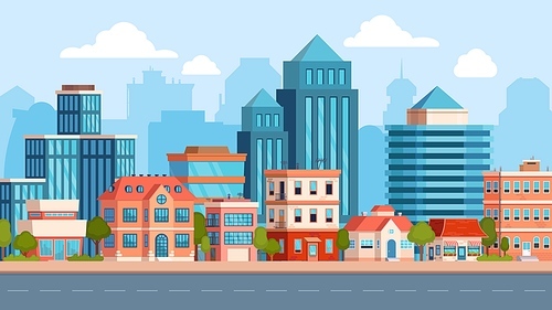 Flat city street landscape with skyscraper and apartment building. Town real estate, houses and road. Cityscape scene. Urban vector panorama. Illustration of view cityscape, town panorama