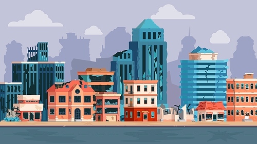 Cartoon city with ruined buildings after earthquake, disaster or war. Abandoned damaged street and broken road. Apocalyptic vector concept. Illustration of earthquake ruin, catastrophe and broken city