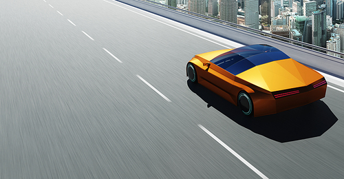 Brandless sport car run on the road  with city skyline background. 3d rendering with my own creative design.