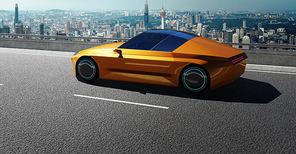 Brandless Electric concept car park on asphalt road with city skyline background. 3d rendering car with my own creative design.