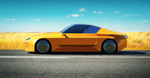 Brandless sport car parked on road side with field of golden wheat background. 3d rendering with my own creative design.