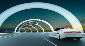 Brandless sport car run on the futuristic neon light and glass facade design of tunnel flyover road with night cityscape background. 3d rendering with my own creative design.