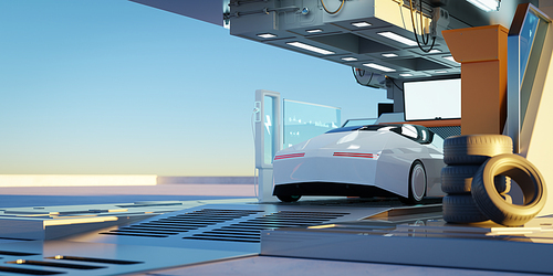 Electric car at futuristic  charging station. Selected focusing. Eco alternative transport and battery charging technology concept. Photorealistic 3D rendering.