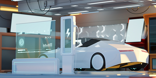 Closeup Electric car at futuristic  charging station. Selected focusing. Eco alternative transport and battery charging technology concept. Photorealistic 3D rendering.