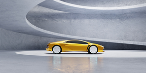 Non-existent brand-less generic concept yellow sport car parked in concrete garage with spiral staircase design. 3d photo realistic rendering