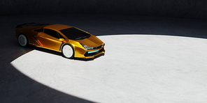 Non-existent brand-less generic concept yellow sport car parked in concrete garage with spiral staircase design. 3d photo realistic rendering