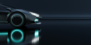 Closeup non-existent brand-less generic concept black electric car on black background. Side view. 3D illustration rendering