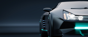 Closeup non-existent brand-less generic concept black electric car headlights. Front view. 3D illustration rendering