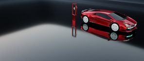 Non-existent brand-less generic concept red sport electric car with charging station on dark background. Automobile futuristic technology concept . 3D illustration rendering
