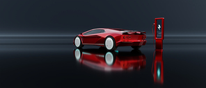 Non-existent brand-less generic concept red sport electric car with charging station on dark background. Automobile futuristic technology concept . 3D illustration rendering