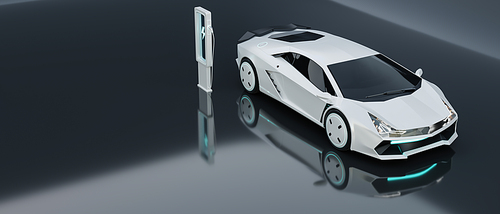 Non-existent brand-less generic concept white sport electric car on glossy background. Automobile futuristic technology concept . 3D illustration rendering
