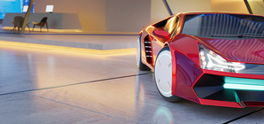 Closeup non-existent brand-less generic concept red electric car. 3D illustration rendering
