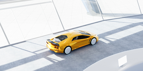 Closeup non-existent brand-less generic concept yellow sport car. 3D illustration rendering