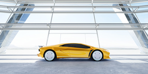 Closeup non-existent brand-less generic concept yellow sport car. 3D illustration rendering