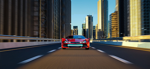 Non-existent brand-less generic concept red sport car driving fast on the high speed overpass road. 3D illustration rendering