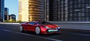 Non-existent brand-less generic concept red sport car driving fast on the high speed overpass road. 3D illustration rendering