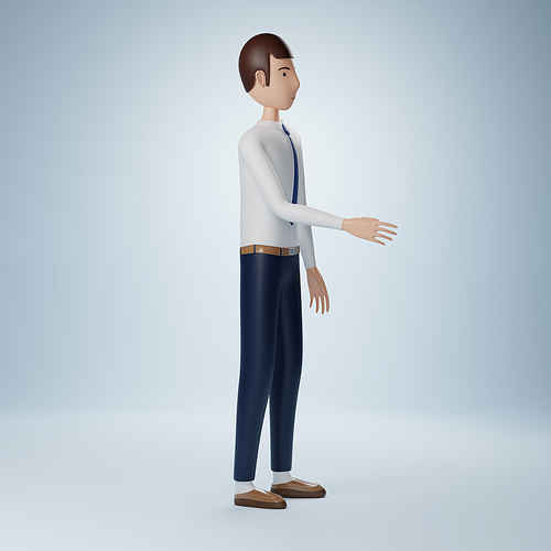 Businessman cartoon character shake hand pose isolated on light blue background. 3d rendering with clipping path.