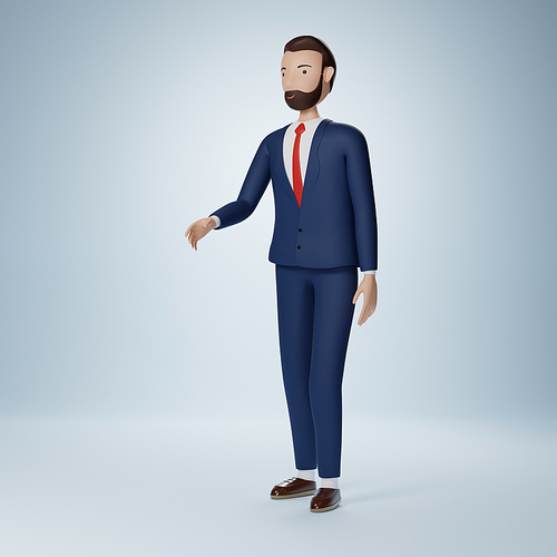 Businessman cartoon character shake hand pose isolated on light blue background. 3d rendering with clipping path.