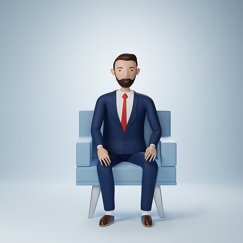 Businessman cartoon character sits in an armchair isolated on light blue background. 3d rendering with clipping path.