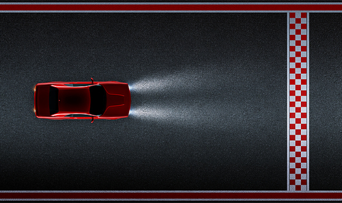 Top aerial angle view of a generic red brandless American muscle car on a asphalt race track with start and finish line . Transportation concept . 3d illustration and 3d render.