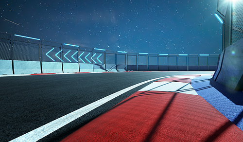 Racetrack with railing and neon light arrow sign, night scene. 3d rendering
