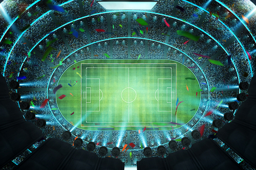 Aerial top angle view of imaginary soccer stadium with illumination . 3D rendering .