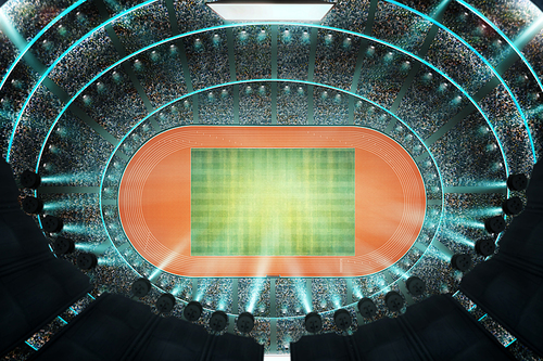 Aerial top angle view of imaginary international stadium with illumination . 3D rendering .