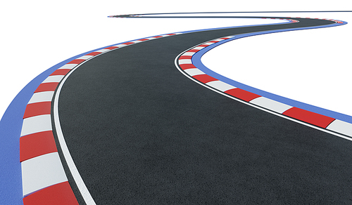 Curved asphalt racing track road isolated on white with clipping path. 3d rendering