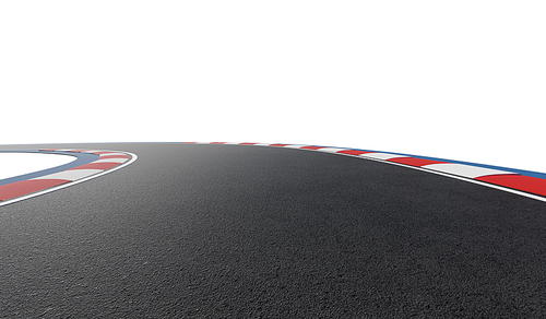 Curved asphalt racing track road isolated on white with clipping path. 3d rendering. Wide angle