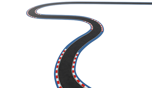 Curved asphalt racing track road isolated on white with clipping path. 3d rendering. Top angle