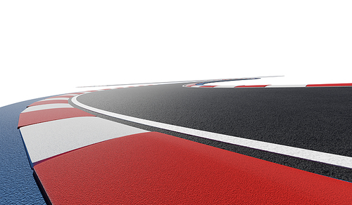 Curved asphalt racing track road isolated on white with clipping path. 3d rendering. Low angle