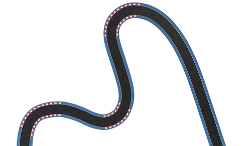 Curved asphalt racing track road isolated on white with clipping path. 3d rendering. Top angle