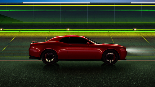 Side angle view of a generic red brandless American muscle car on a race track background . Transportation concept .3d illustration and 3d render.