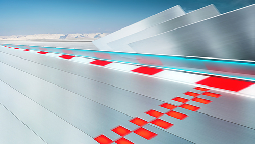 Perspective and straight car metal race track with finish line in motion , winter background and futuristic visual design for modern car background .