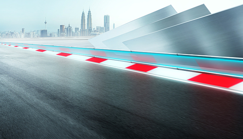 Perspective and straight race track in motion , city background and futuristic steel decoration design for modern car background .